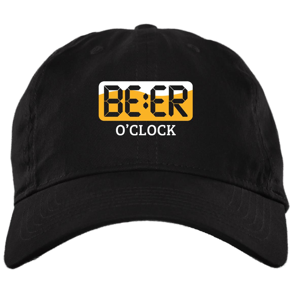 Drinking Beer O'clock BBQ Camping Grilling Twill Cap Hat - Funny Beer Lover Saying High-Profile Snapback Hat, Black, Brushed Twill Dad Cap