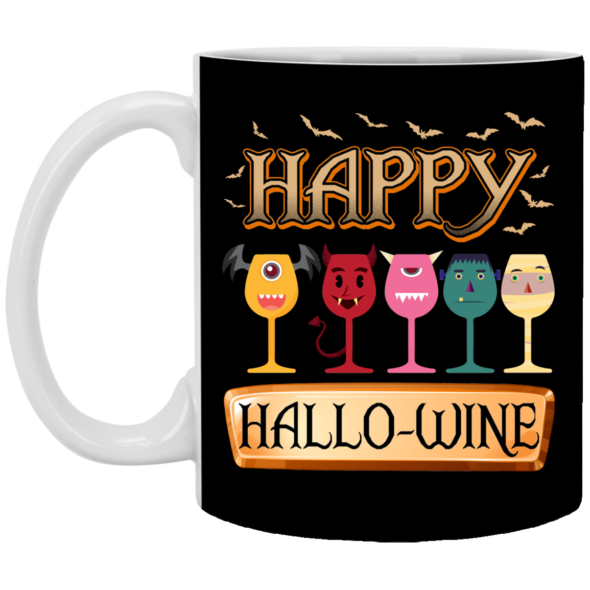 Happy Hallo-wine Funny Halloween Wine Ceramic Coffee Mug - Beer Stein, Black, 11 oz. White Mug Happy Hallo-wine Funny Halloween Wine Ceramic Coffee Mug - Beer Stein, Black, 11 oz. White Mug