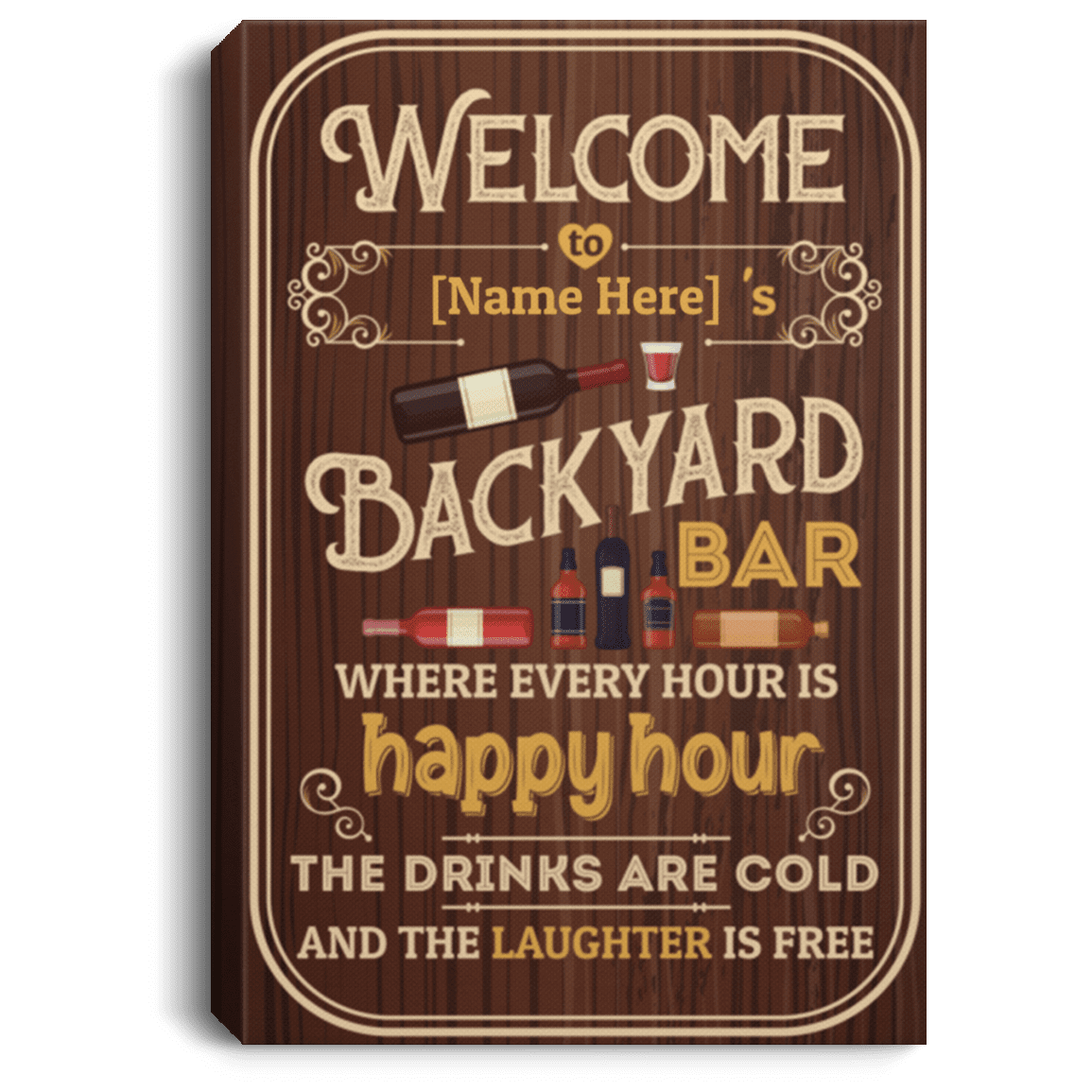 Personalized Backyard Bar Where Every Hour Is Happy Hour Framed Canvas - Unframed Poster, White, 0.75'' Framed Canvas