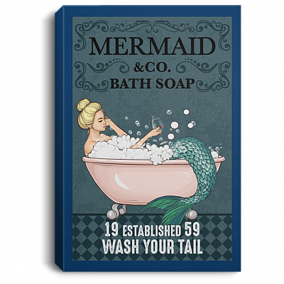 Mermaid Bath Soap Wash Your Tail Framed Canvas Print – Unframed Poster - Mermaid Canvas Print, Royal, 0.75'' Framed Canvas