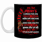 One Two Freddy's Coming For You Three Four Better Lock Your Door Horror Characters Gift Ceramic Coffee Mug, Black, 11 oz. White Mug