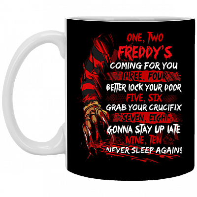 One Two Freddy's Coming For You Three Four Better Lock Your Door Horror Characters Gift Ceramic Coffee Mug, Black, 11 oz. White Mug