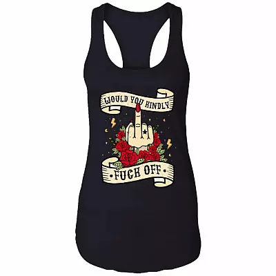 Would You Kindly Fuck Off Cotton Tank Top Tee - Sarcasm Humor Novelty Ladies Racerback Tank, Black, Ladies Racerback Tank