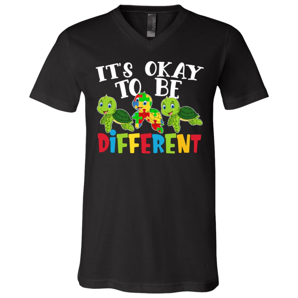 It Is Ok To Be Different Puzzle Piecce Turtle Autism Awareness T-shirt - V-neck, Black, V-Neck T-Shirt