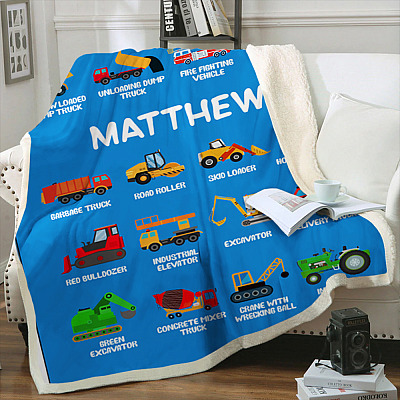 Alternative view of Personalized Kids Name Construction Vehicles Fleece Blanket - Premium Sherpa Blanket - Woven Blanket