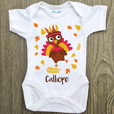 Alternative view of Personalized Little Thanksgiving Turkey Baby Onesie - Baby Infant Bodysuit - Cute Newborn Thanksgiving Gift