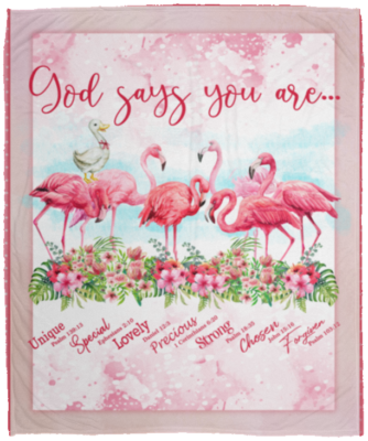 God Says You Are - Flamingo Blanket - Bible Verse Fleece Blanket - Sherpa Blanket - Woven Blanket, White, Cozy Plush Fleece Blanket - 50x60