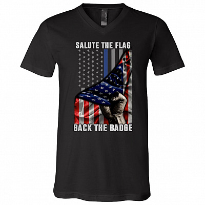 Salute The Flag T-Shirt - Us Police Officer Flag Shirt, Black, V-Neck T-Shirt
