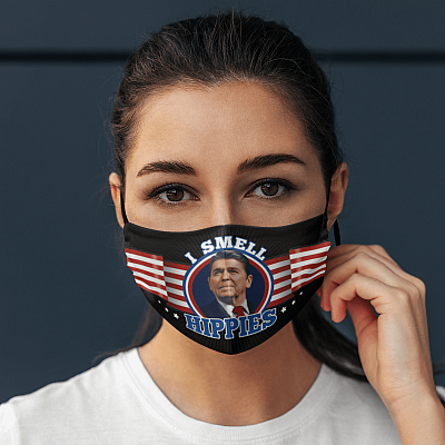 Alternative view of I Smell Hippies - Ronald Reagan Funny Face Mask - Washable Reusable Custom – Printed Cloth Face Mask Cover