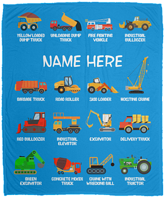 Personalized Kids Name Construction Vehicles Fleece Blanket - Premium Sherpa Blanket - Woven Blanket, White, Cozy Plush Fleece Blanket - 50x60