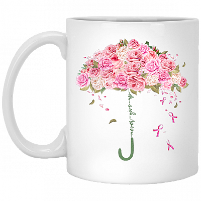 Umbrella Roses Never Give Up Pink Breast Cancer Ribbon Awareness Month Coffee Mug - Beer Stein - Water Bottle, White, 11 oz. White Mug