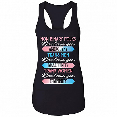 Trans Women Don't Owe You Femininity Transmen Masculinity Nonbinary Androgyny LGBTQ Pride Cotton Tank Top Tee, Black, Ladies Racerback Tank