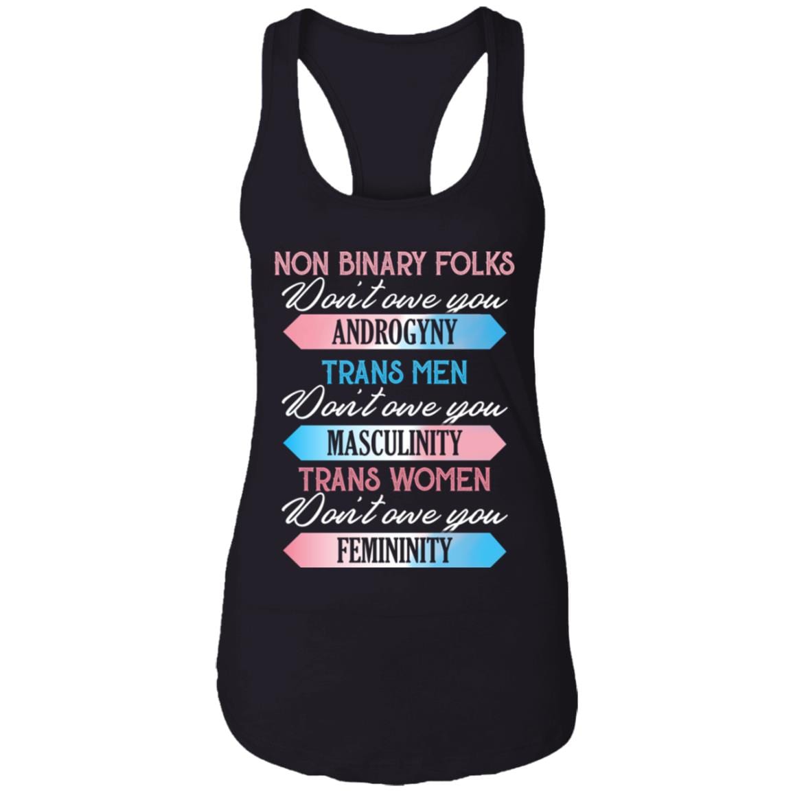 Trans Women Don't Owe You Femininity Transmen Masculinity Nonbinary Androgyny LGBTQ Pride Cotton Tank Top Tee, Black, Ladies Racerback Tank