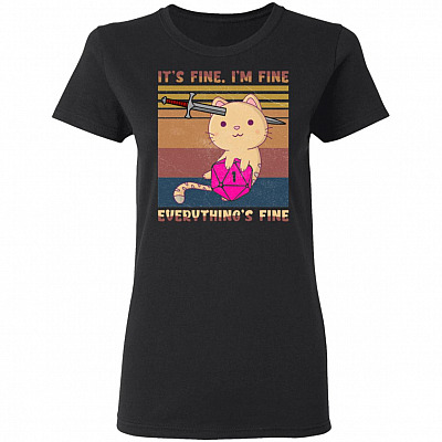 Dungeon Meowster It's Fine I'm Fine Everything Fine D&D Vintage Retro Ladies T-Shirt - Premium Ladies Shirt, Black, Ladies T-Shirt