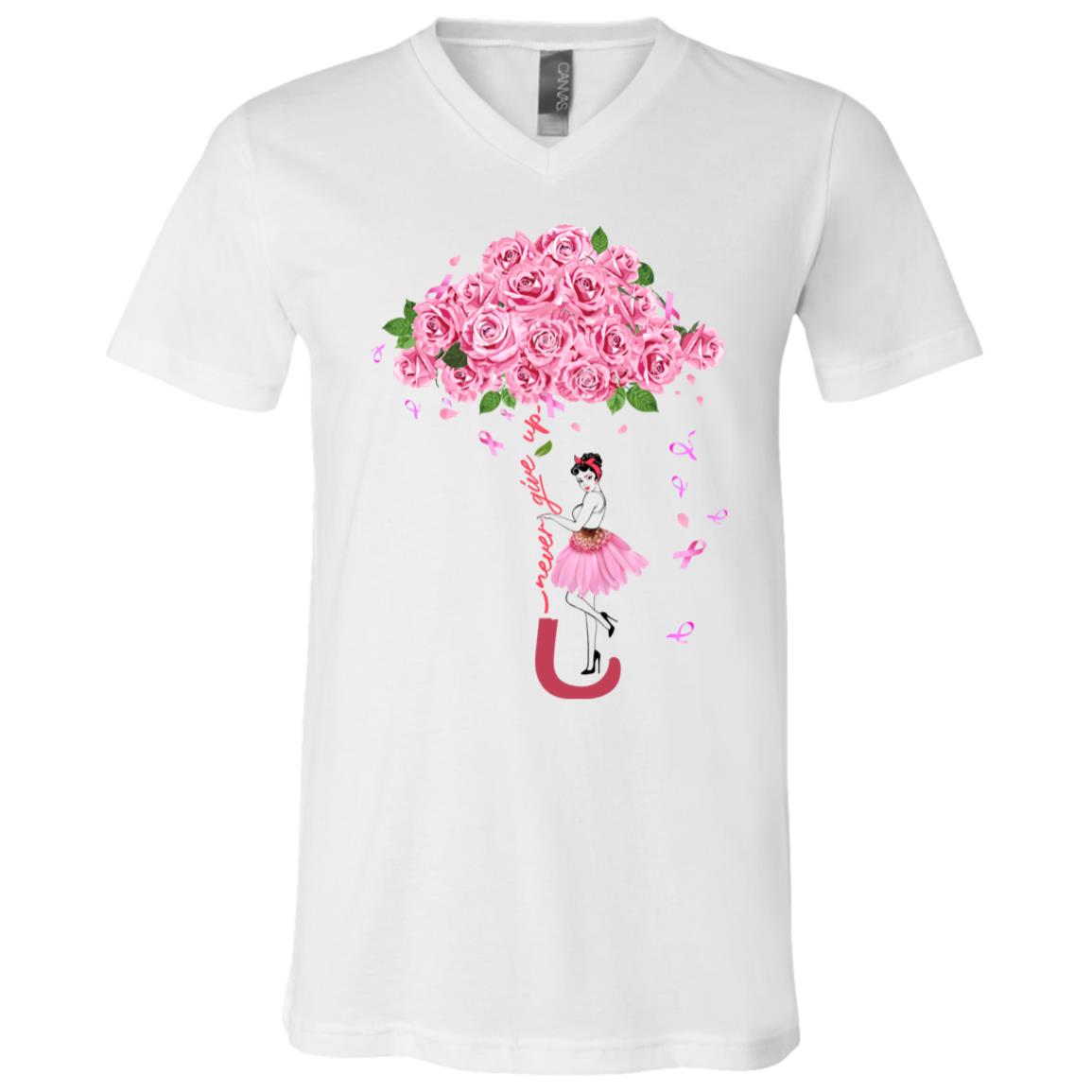 Never Give Up Breast Cancer Rose Umbrella T-Shirt - V-Neck Shirt - Breast Cancer Awareness Shirt, White, V-Neck T-Shirt