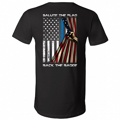 Salute The Flag Back The Badge Plain Front - Print On Back Only T-Shirt - V-Neck Shirt - Support Police Shirt, Black, V-Neck T-Shirt