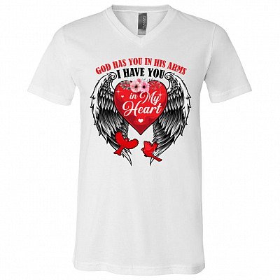 God Has You In His Arms I Have You In My Heart Cardinal Angel Wings T-Shirt - V-Neck Tee, White, V-Neck T-Shirt