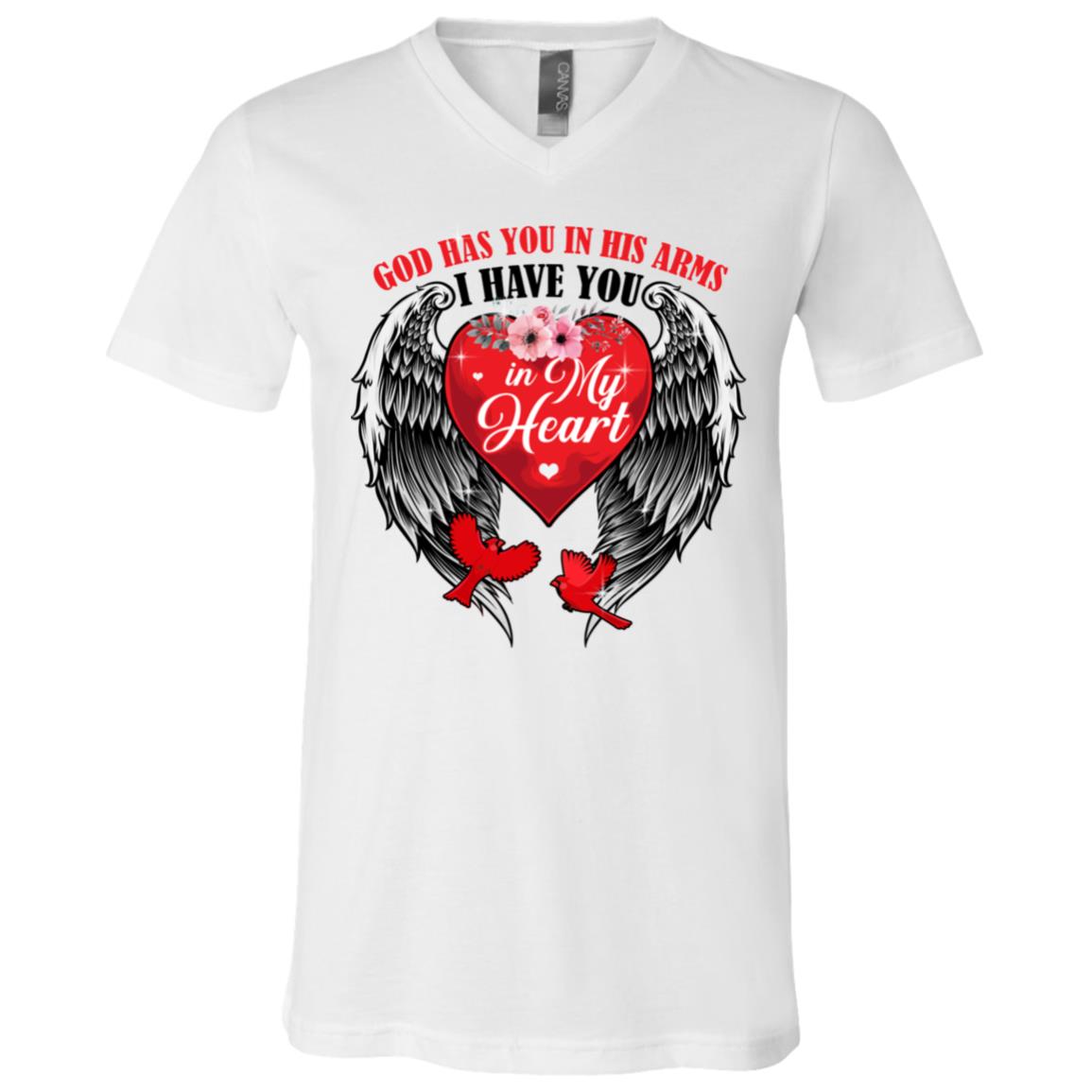 God Has You In His Arms I Have You In My Heart Cardinal Angel Wings T-Shirt - V-Neck Tee, White, V-Neck T-Shirt
