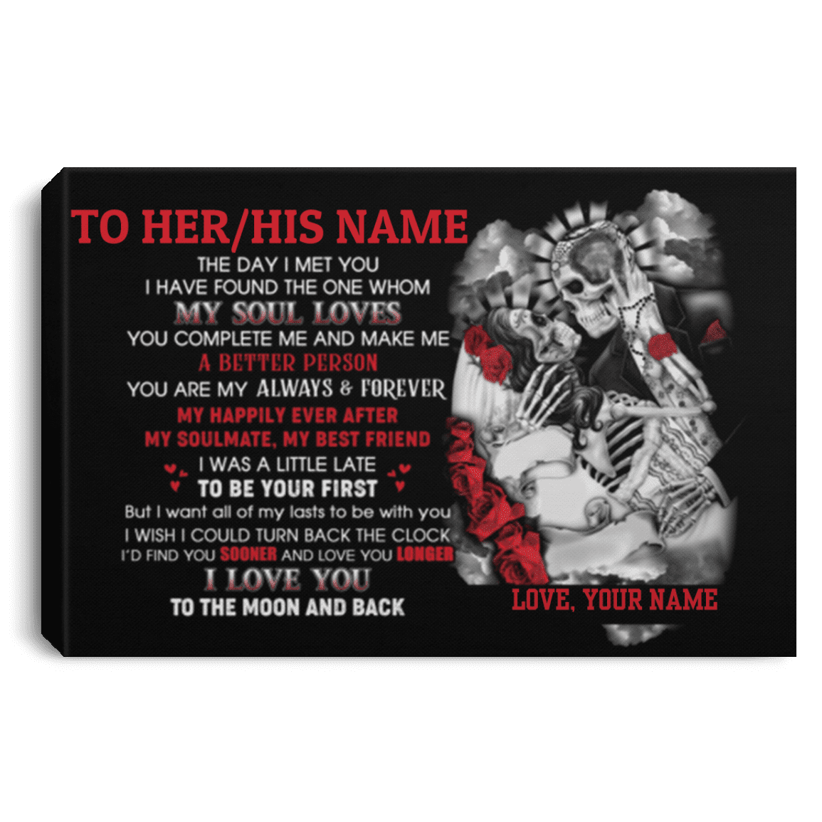 I Love You To The Moon And Back Skull Couple Personalized Canvas Prints With Name Unframed Poster Home Decor, White, 0.75'' Framed Canvas