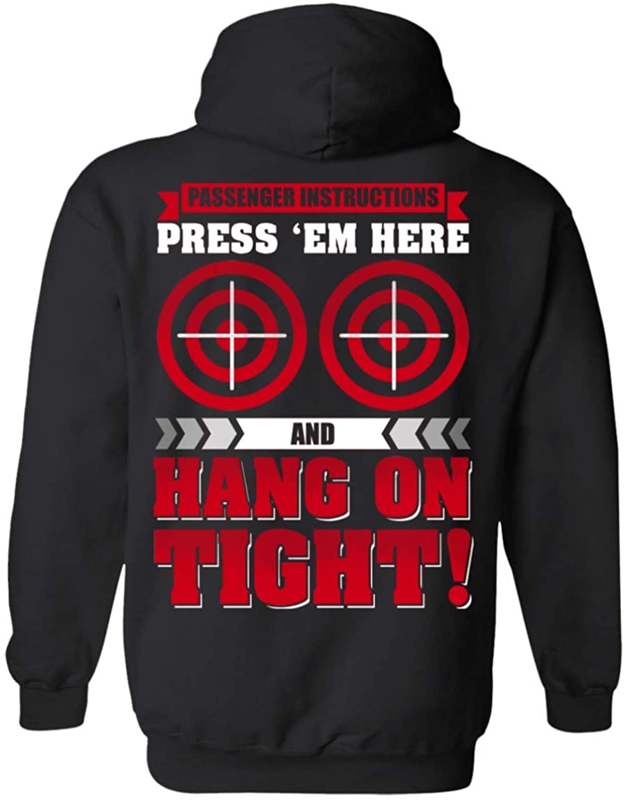 Passenger Instructions Press' Em Here and Hang On Tight Men's Biker Print On Back T-Shirt, Hoodie, Black