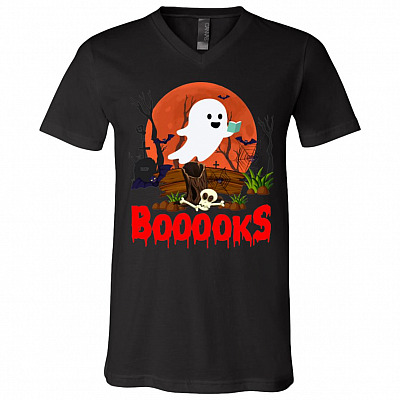 Booooks Funny Ghost Reading Halloween Bookworms T-shirt - V-Neck Tee - Gift For Book Lovers, Black, V-Neck T-Shirt