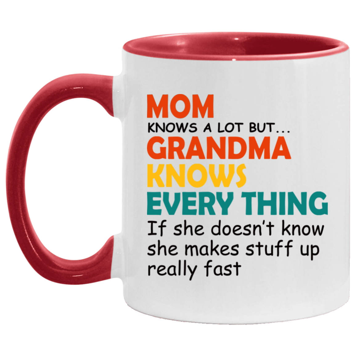 Mom Knows a Lot but Grandma Knows Everything - Best Grandma Gift Accent Mug, White/Red, 11 oz. Accent Mug