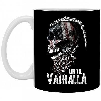 Until Valhalla Mug Viking Mug - Skull American Flag Mug - Norse Viking Ceramic Coffee Mug - Beer Stein - Water Bottle, Black, 11 oz. White Mug