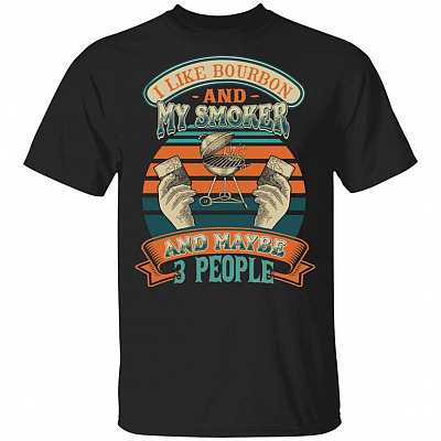 I Like Bourbon And My Smoker And Maybe 3 People Wine Vintage Retro T-Shirt - Funny BBQ Smoker Barbecue Shirt, Black, Unisex T-Shirt