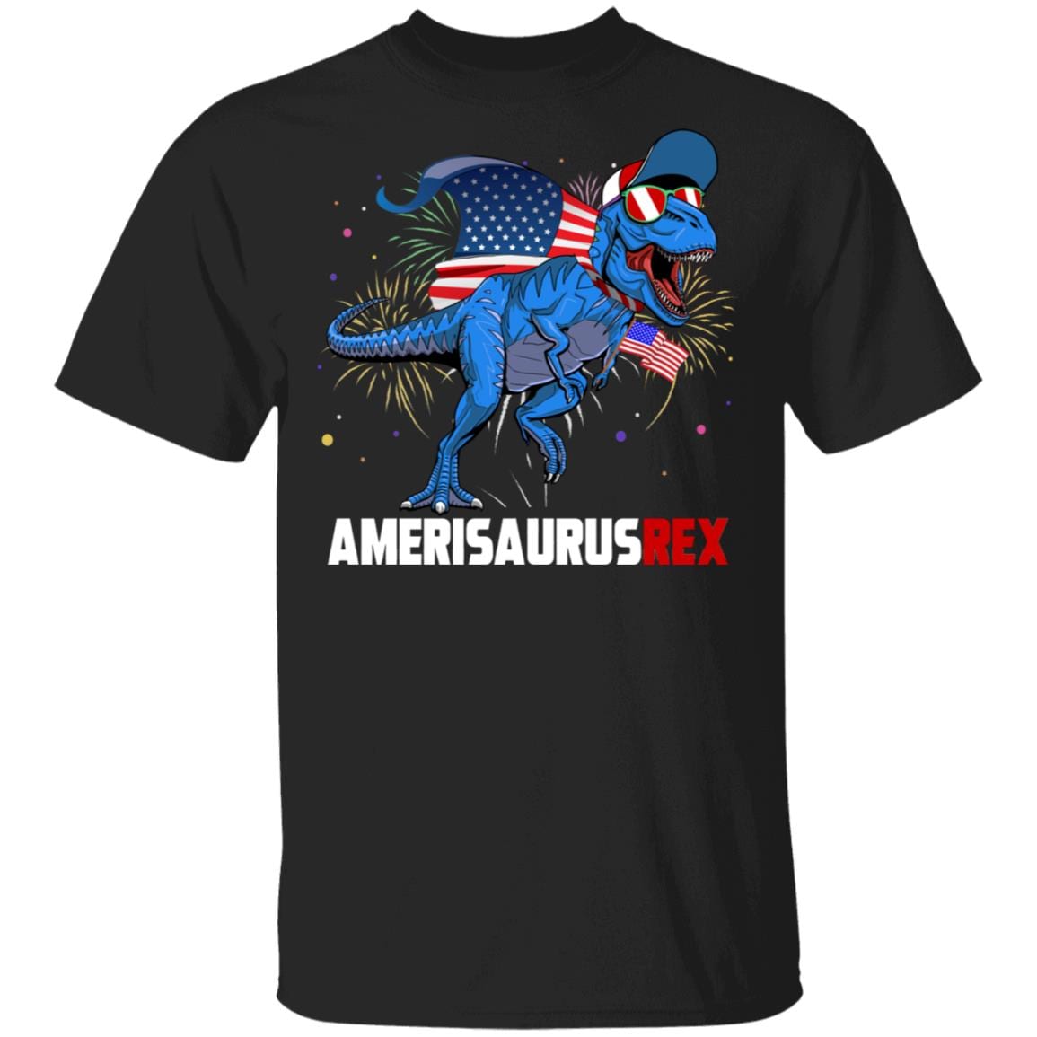 American Flag Dinosaur Shirt - Funny 4th of July T shirt Amerisaurus Tyrannosaurus Rex Shirt, Black, Unisex T-Shirt