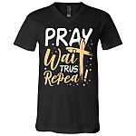 Pray Wait Trust Repeat God Jesus Waymaker Christian T-shirt - V-Neck Tee, Black, V-Neck T-Shirt