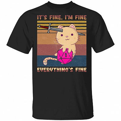 Dungeon Meowster It's Fine I'm Fine Everything Fine D&d Vintage Retro T-Shirt, Black, Unisex T-Shirt