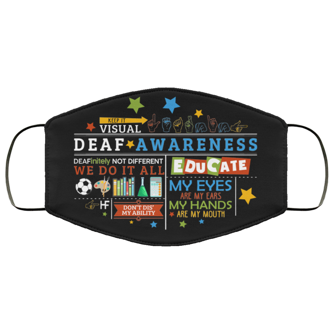 Keep It Visual Deaf Awareness Washable Reusable Custom - Printed Cloth Face Mask Cover, Black, Cloth Face Cover