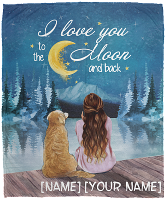 Personalized I Love You to the Moon and Back Golder Retriever Fleece Blanket - Premium Mink Sherpa Blanket, White, Cozy Plush Fleece Blanket - 50x60