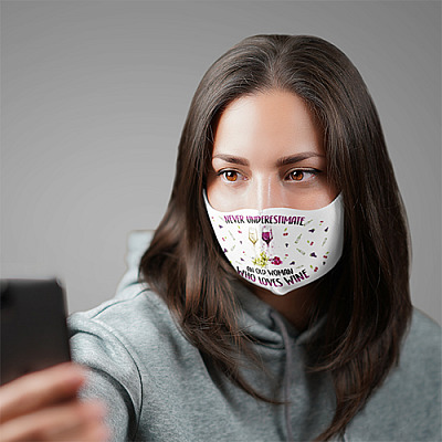 Alternative view of Never Underestimate An Old Woman Who Loves Wine Washable Reusable Custom - Printed Cloth Face Mask Cover