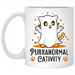 Purranormal Cativity Cute Halloween Cat Horror Movie Ceramic Coffee Mug - Travel Bottle, White, 11 oz. White Mug