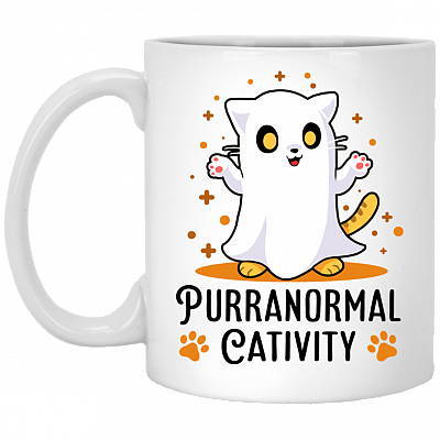 Purranormal Cativity Cute Halloween Cat Horror Movie Ceramic Coffee Mug - Travel Bottle, White, 11 oz. White Mug