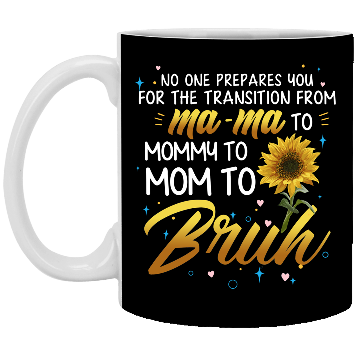 No One Prepares You For The Transition From Mama To Mommy to Mom To Bruh Ceramic Coffee Mug, Black, 11 oz. White Mug