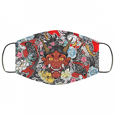 Hannya Japanese Art Washable Reusable Custom – Printed Cloth Face Mask Cover, White, Cloth Face Mask