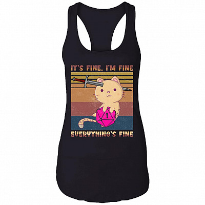Dungeon Meowster It's Fine I'm Fine Everything Fine D&D Vintage Retro Tank Top Tee - Ladies Racerback Tank, Black, Ladies Racerback Tank
