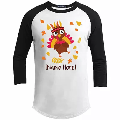 Personalized Little Thanksgiving Turkey 3/4 Raglan Jersey for Kids - Kids Long Sleeve Shirt - Baseball Tee, White/Black, Youth Sporty Raglan Jersey