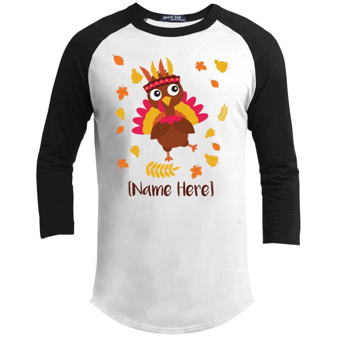 Personalized Little Thanksgiving Turkey 3/4 Raglan Jersey for Kids - Kids Long Sleeve Shirt - Baseball Tee, White/Black, Youth Sporty Raglan Jersey