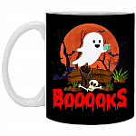 Booooks Funny Ghost Reading Bookworms Ceramic Coffee Mug - Travel Bottle - Gift For Book Lovers, Black, 11 oz. White Mug