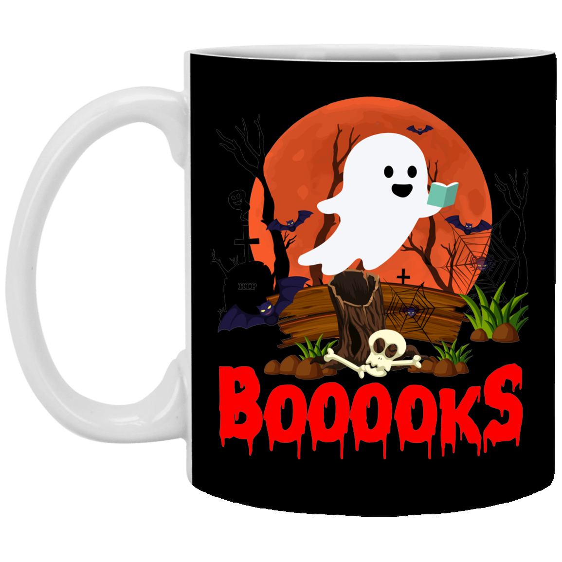 Booooks Funny Ghost Reading Bookworms Ceramic Coffee Mug - Travel Bottle - Gift For Book Lovers, Black, 11 oz. White Mug