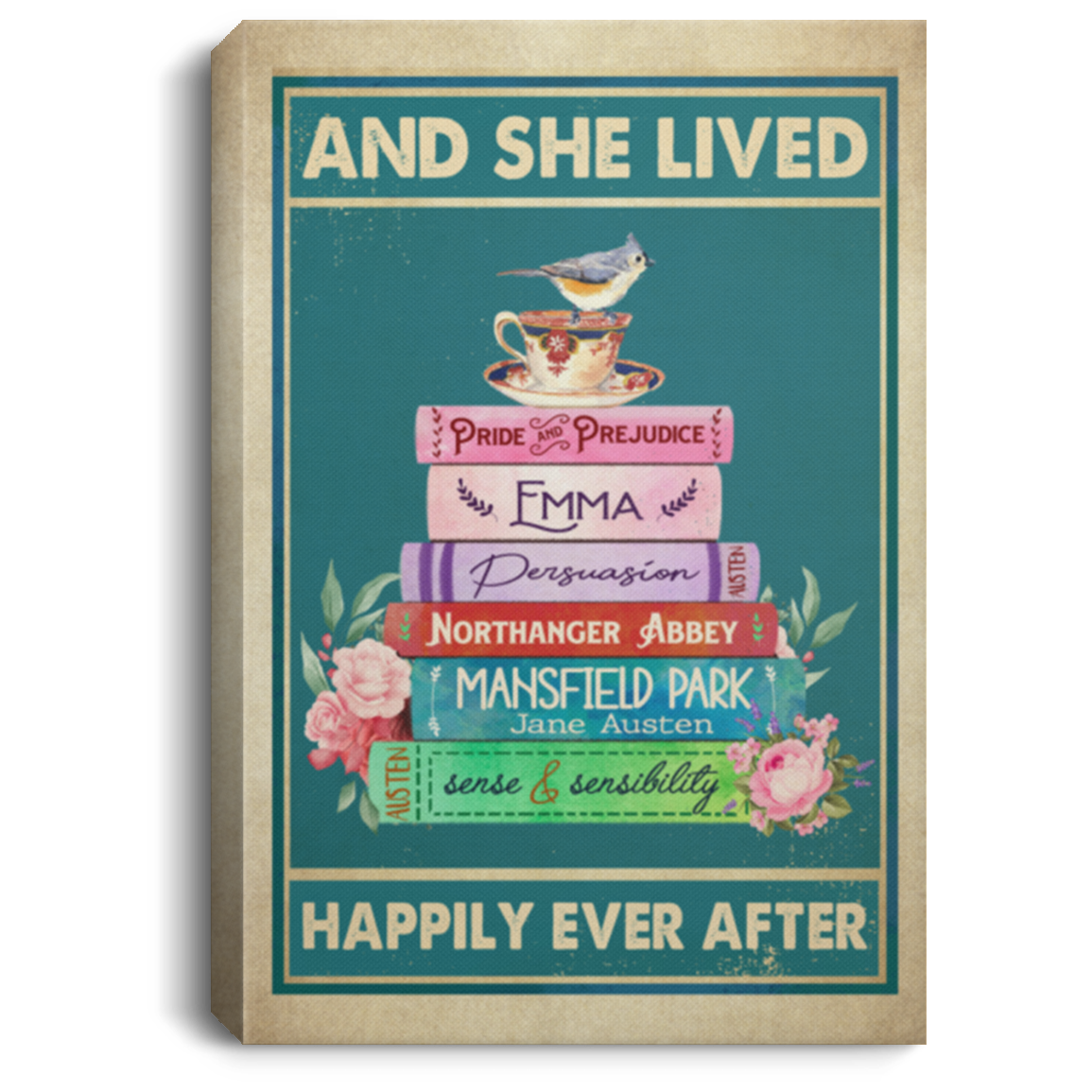 And She Lived Happily Ever After Book Lover Framed Canvas Prints - Unframed Poster - Home Decor Wall Art, White, 0.75'' Framed Canvas