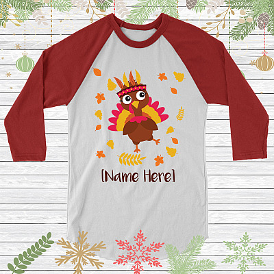 Alternative view of Personalized Little Thanksgiving Turkey 3/4 Raglan Jersey for Kids - Kids Long Sleeve Shirt - Baseball Tee