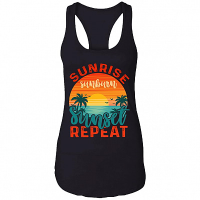 Sunrise Sunburn Sunset Repeat Tank Top - Summer Tank Top - Vintage Beach Tank Top - Vacation Tank Top, Black, Ladies Racerback Tank