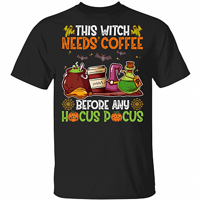 This Witch Needs Coffee Before Any Hocus Pocus T-Shirt - Funny Halloween Movies Shirt, Black, Unisex T-Shirt
