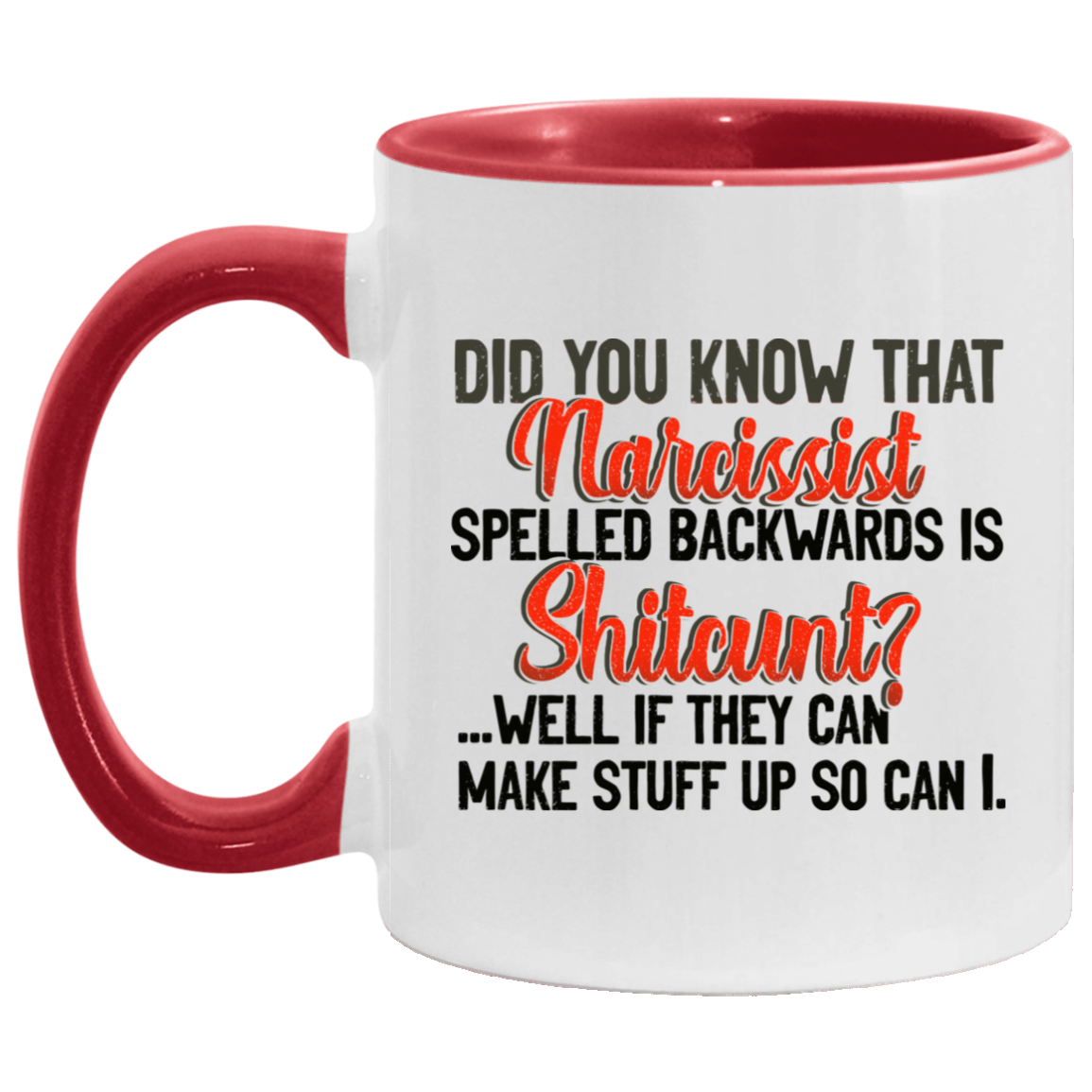 Did You Know That Narcissist Spelled Backwards Is Shitcunt Accent Mug, White/Red, 11 oz. Accent Mug