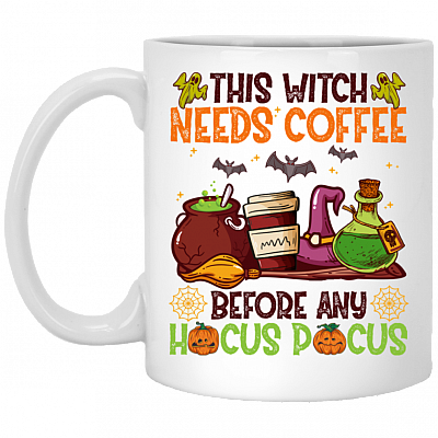 This Witch Needs Coffee Before Any Hocus Pocus Ceramic Coffee Mug - Funny Halloween Movies Mug, White, 11 oz. White Mug