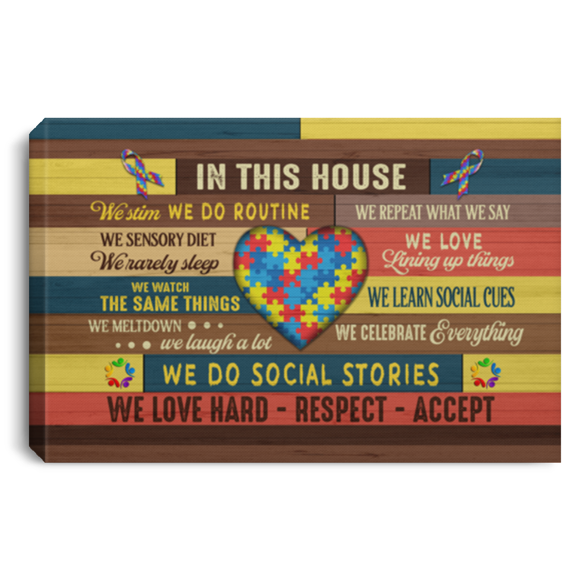 In This House We Do Autism Framed Canvas Unframed Poster - Proud Autism Family Puzzle Heartbeat Home Wall Art, White, 0.75'' Framed Canvas